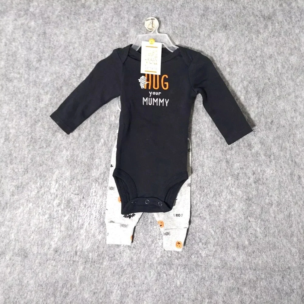 Carters Outfit Baby 6M Black Pumpkin Bat Mummy Spooky Fall Halloween‎ Two Piece
